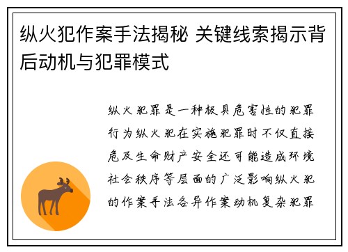 纵火犯作案手法揭秘 关键线索揭示背后动机与犯罪模式